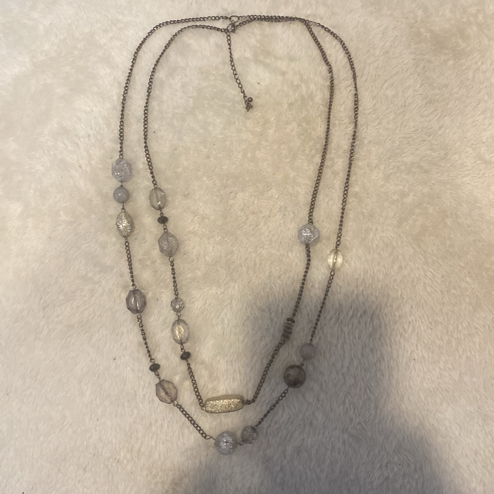 Long gray and Silver Bead Double Necklace and earrings set
